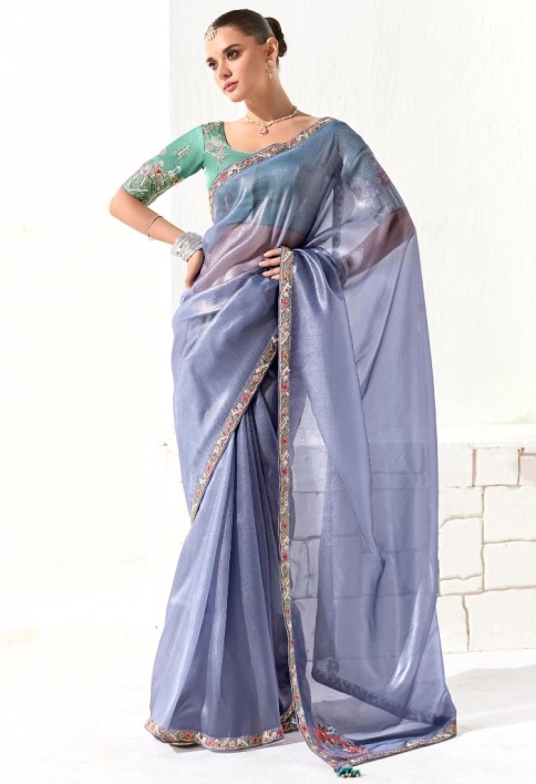 Mesmerizing Dusty Blue Border Work Tissue Silk Engagement Wear Saree